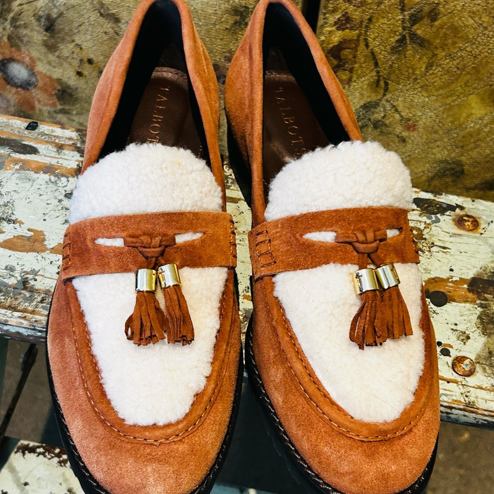 Talbots Rust Suede & Cream Shearling Tassel Loafers